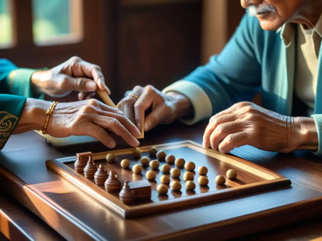 Un grupo de ancianos juega con intensidad un juego tradicional asiático, en un ambiente nostálgico iluminado por la luz natural