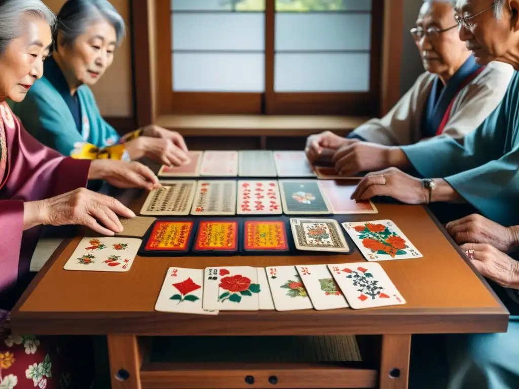 Un grupo de ancianos japoneses juega Hanafuda en un entorno tradicional