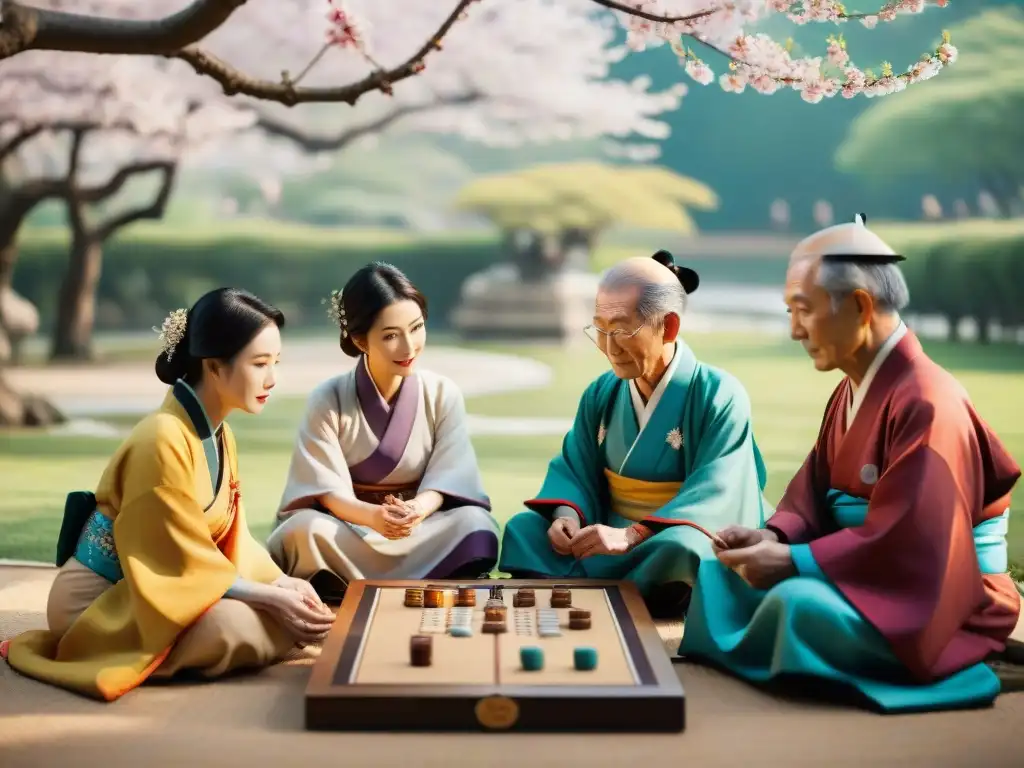 Un grupo de ancianos japoneses juega un juego tradicional bajo un cerezo en flor