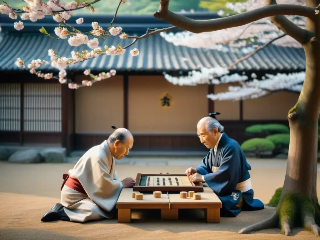 Un grupo de ancianos japoneses juega Shogi bajo un cerezo centenario en un jardín tradicional, reflejando la historia del Shogi en Japón