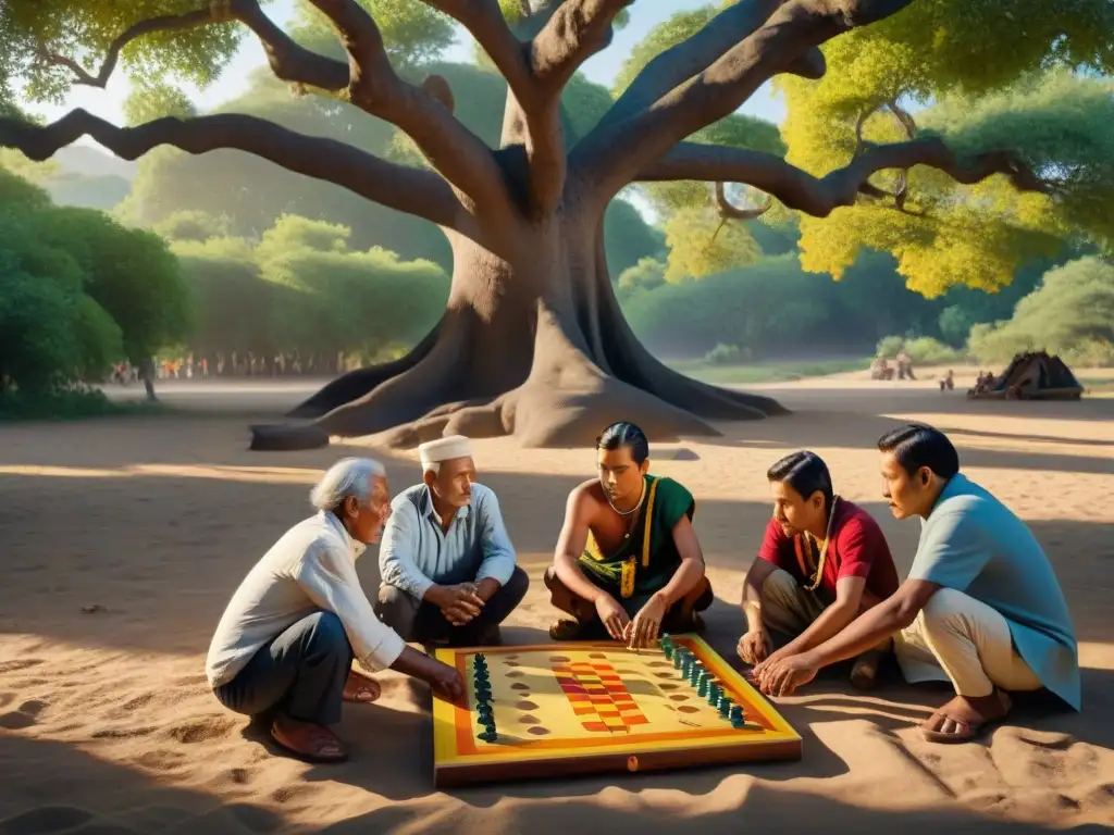 Grupo de ancianos y jóvenes de una comunidad indígena jugando un juego ancestral bajo un árbol antiguo