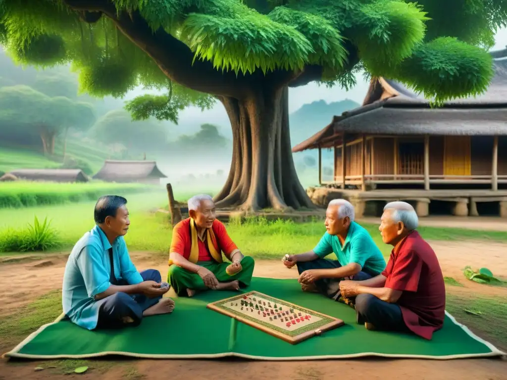 Un grupo de ancianos juega un juego tradicional bajo un árbol en el sudeste asiático, evocando nostalgia y comunidad