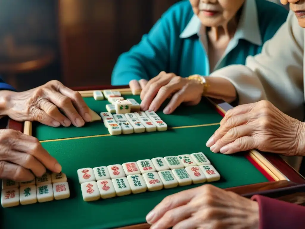 Partida de Mahjong: Sabiduría y camaradería entre jugadores chinos ancianos Un grupo de ancianos jugadores chinos concentrados en una partida de Mahjong, mostrando la psicología del juego de Mahjong