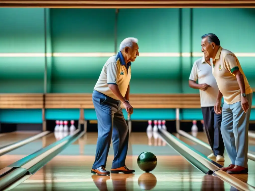 Grupo de ancianos latinoamericanos disfrutando de un apasionante juego de bolos al aire libre, reflejando la historia del juego de bolos en la región