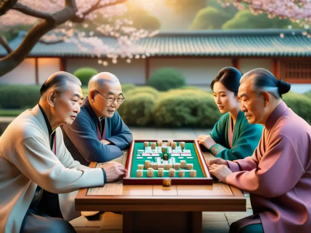 Un grupo de ancianos juega Mahjong en un jardín de cerezos en flor, preservando juegos tradicionales asiáticos