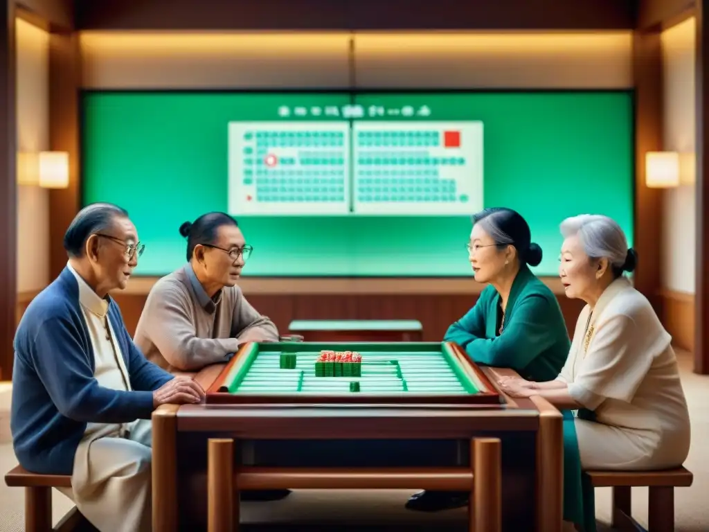 Un grupo de ancianos juega mahjong en un escenario asiático tradicional, fusionando juegos tradicionales asiáticos con la evolución digital