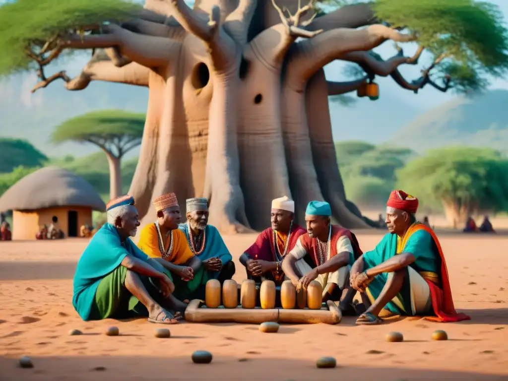 Un grupo de ancianos juega Mancala bajo un baobab en una aldea africana, mostrando la historia del juego