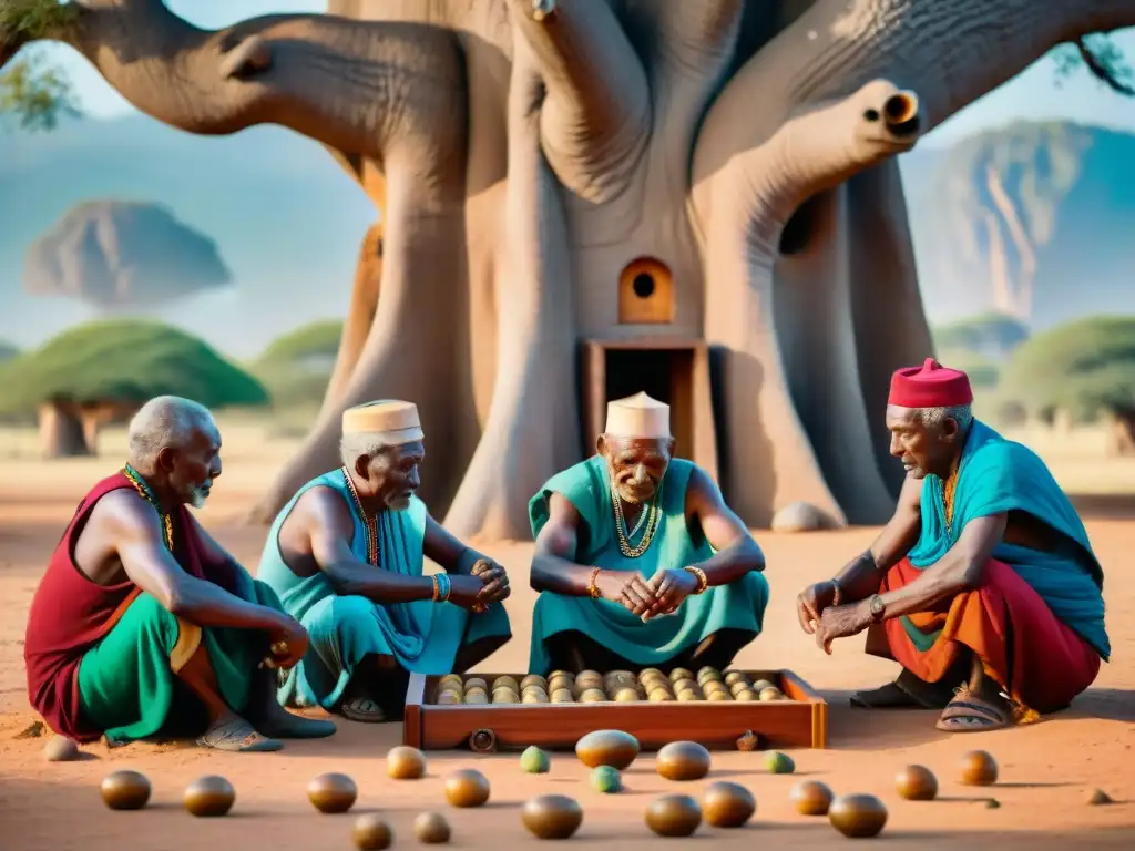 Un grupo de ancianos juega Mancala bajo un baobab en África, reflejando la rica historia del juego