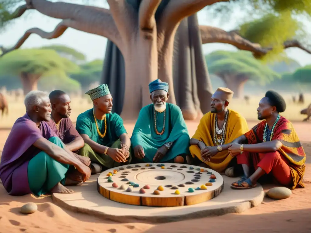 Un grupo de ancianos juega Mancala bajo un baobab en África, entre telas y tallas de madera, en una escena de juegos de adivinación en África