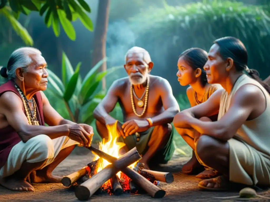 Un grupo de ancianos y niños indígenas comparten y preservan juegos tradicionales alrededor de una fogata en la selva