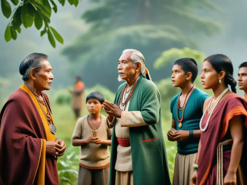 Grupo de ancianos indígenas y niños salvaguardando juegos ancestrales en la selva vibrante