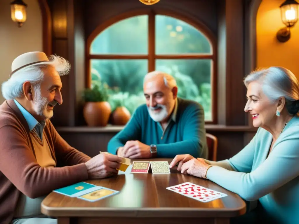 Un grupo de ancianos disfrutando de una partida de Brisca en un acogedor café mediterráneo