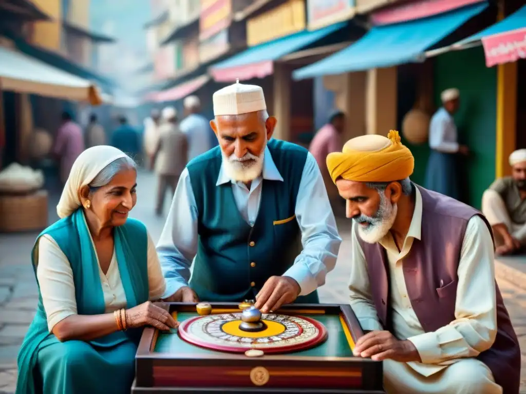 Un grupo de ancianos disfrutando de una partida de Carrom en un mercado del Medio Oriente