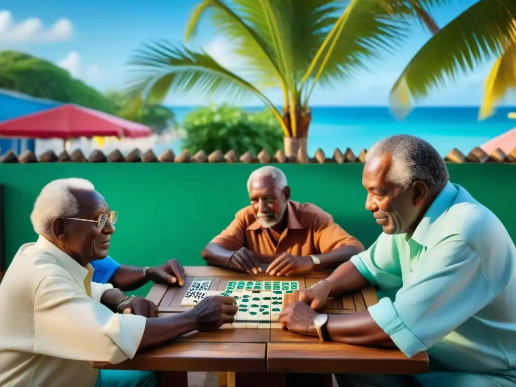 Grupo de ancianos disfrutando de una partida de dominó bajo una palmera real en una plaza caribeña