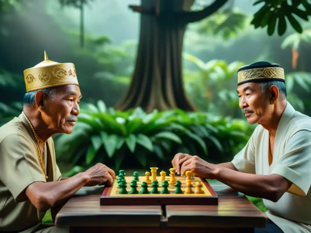 Grupo de ancianos bruneanos juegan Pasang bajo un árbol en la selva, destacando la historia del juego Pasang Brunei