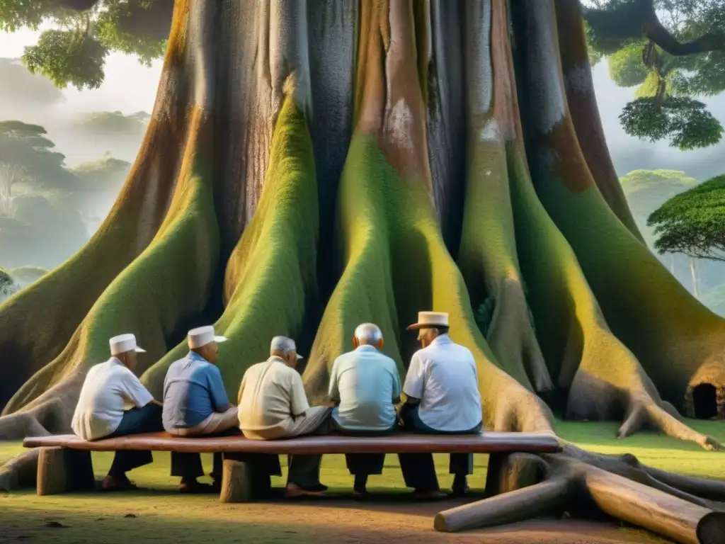 Un grupo de ancianos bruneanos juega Pasang bajo un árbol antiguo, mostrando la historia del juego Pasang Brunei