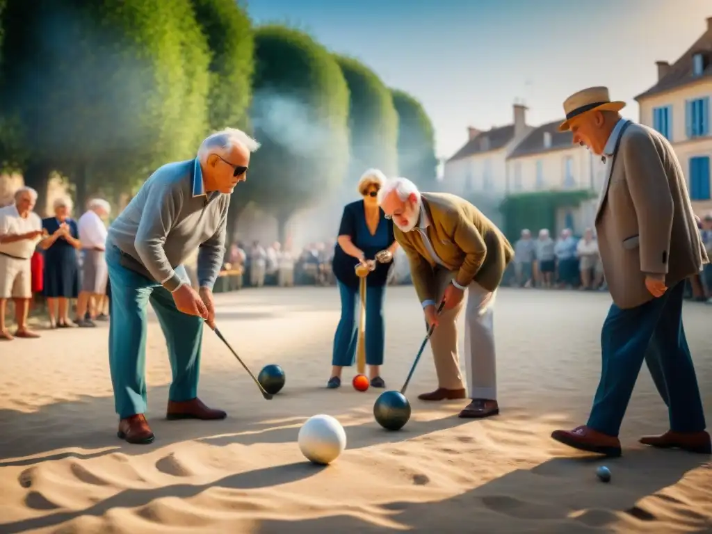 Un grupo de ancianos juega petanca en una plaza francesa