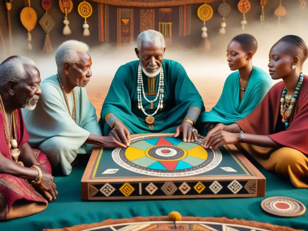 Un grupo de ancianos se concentra en juegos de adivinación en África, rodeados de un tablero vibrante y símbolos coloridos