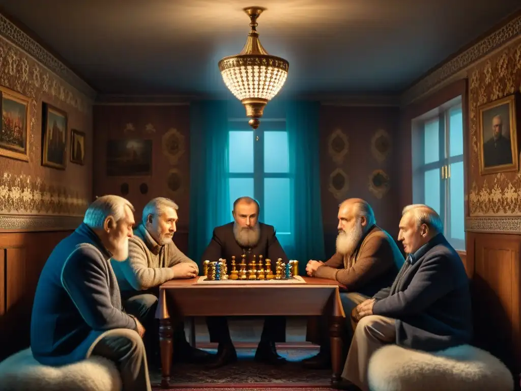 Un grupo de ancianos rusos juega Durak en una habitación decorada tradicionalmente, mostrando la historia del juego de cartas Durak