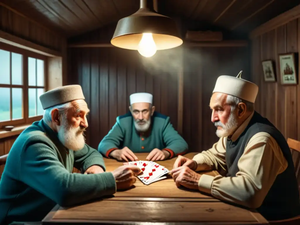 Un grupo de ancianos rusos juega Durak en una cabaña rústica, envueltos en una atmósfera nostálgica de la historia del juego de cartas Durak