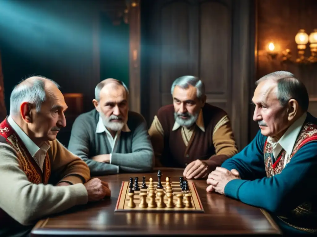 Un grupo de ancianos rusos jugando Durak en una habitación tradicionalmente decorada