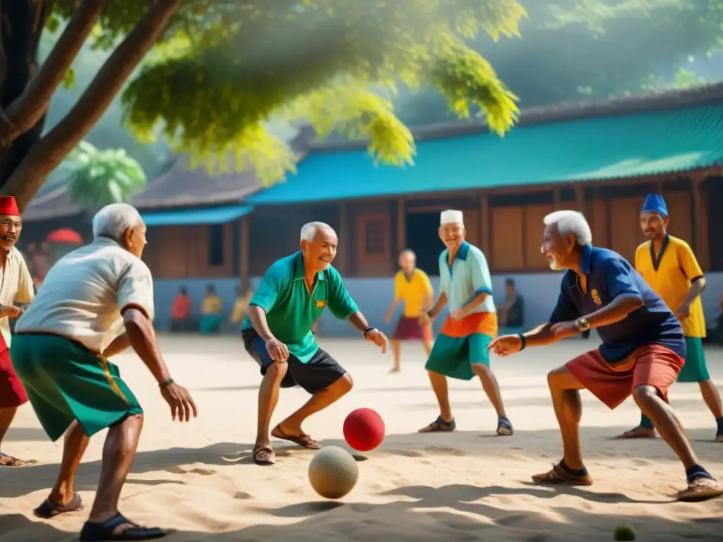 Un grupo de ancianos juega Sepak Takraw en un ambiente vibrante y lleno de color, rodeados de espectadores sonrientes