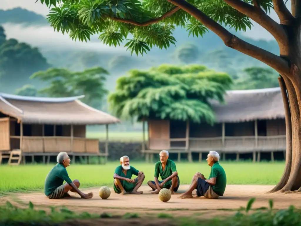 Grupo de ancianos juega Sepak Takraw bajo un árbol en aldea rural del Sudeste, reflejando los orígenes del deporte