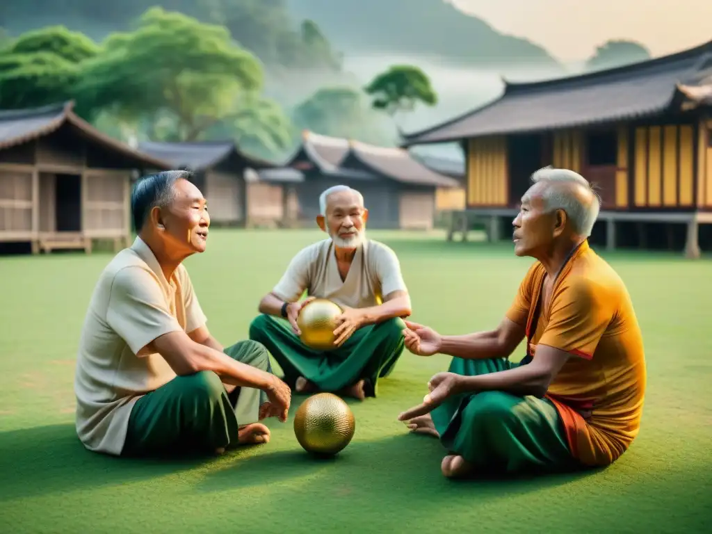 Un grupo de ancianos del sudeste asiático discute animadamente alrededor de una pelota de sepak takraw, reflejando los orígenes del deporte