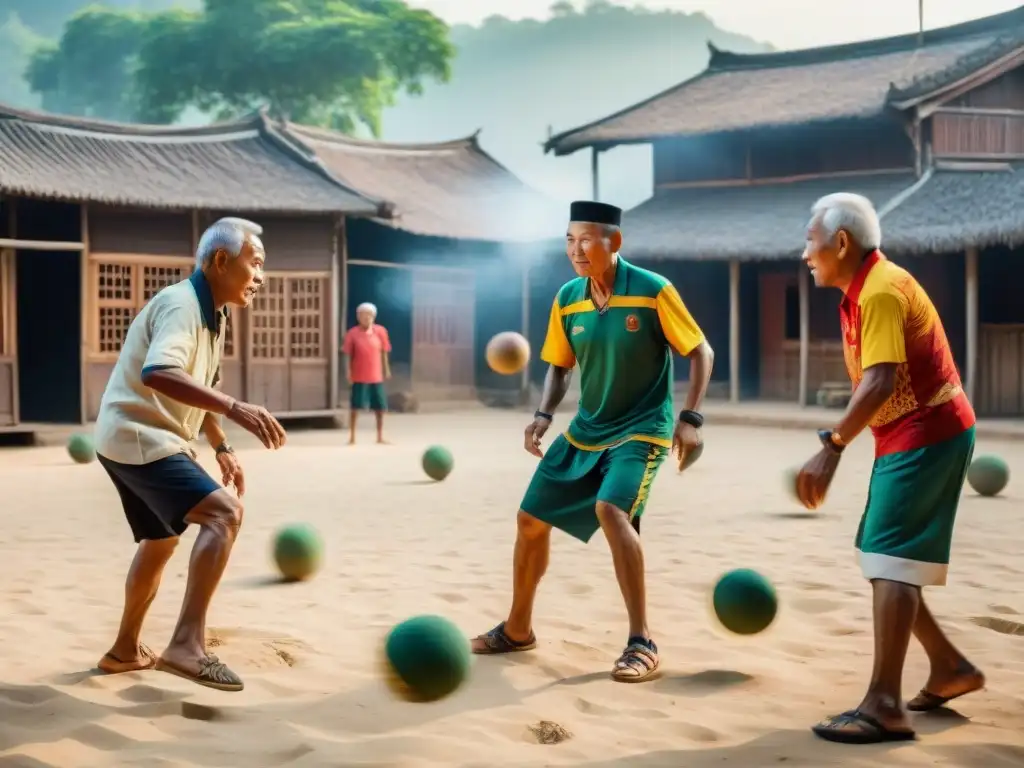 Grupo de ancianos jugando Sepak Takraw en un pueblo del sudeste asiático bajo el sol del mediodía, destacando los orígenes del Sepak Takraw en Sudeste