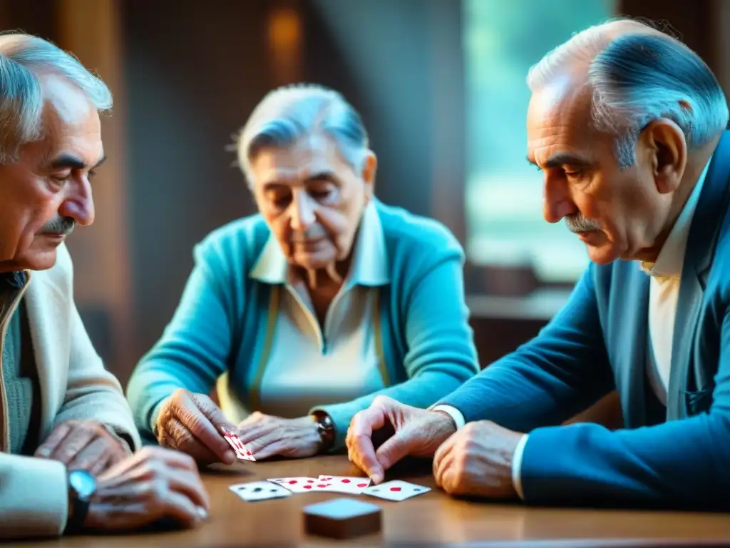 Un grupo de ancianos juega apasionadamente al Tresillo, reflejando concentración y camaradería