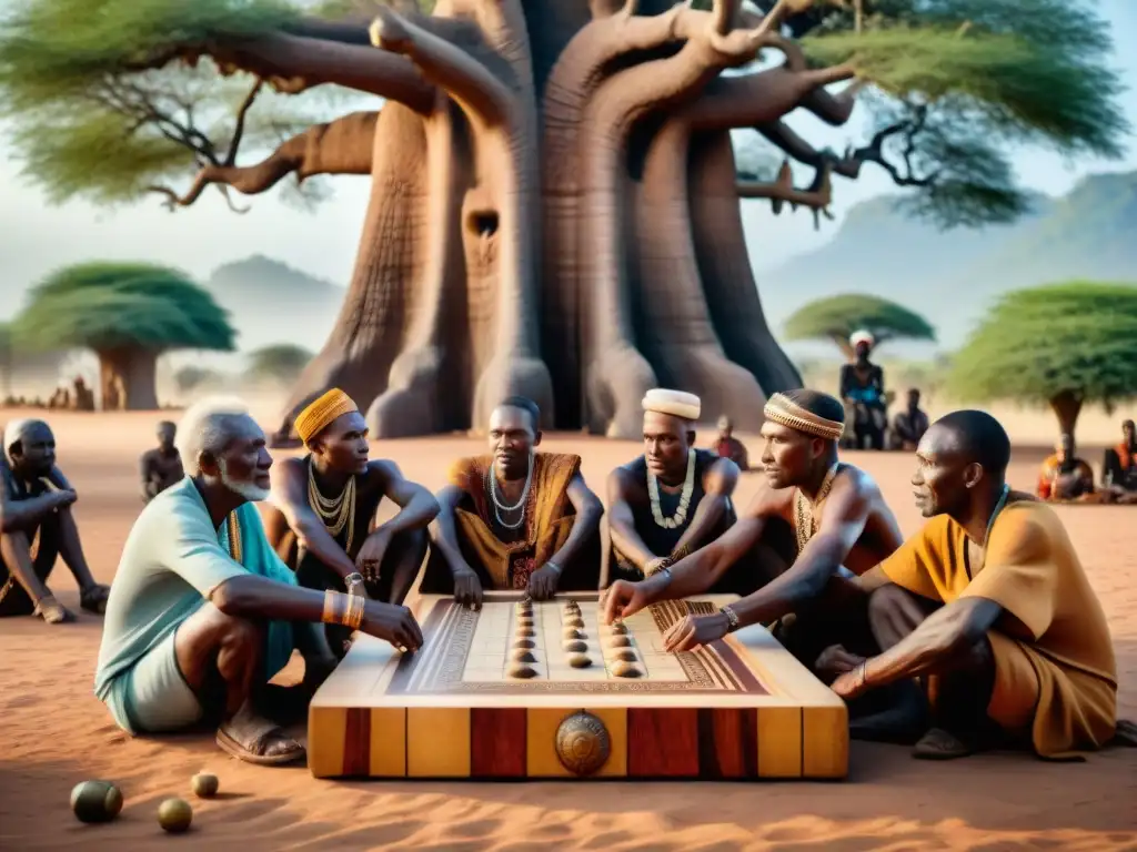 Un grupo de ancianos de tribus africanas juegan estratégicamente bajo un baobab, transmitiendo la rica historia de los juegos ancestrales africanos