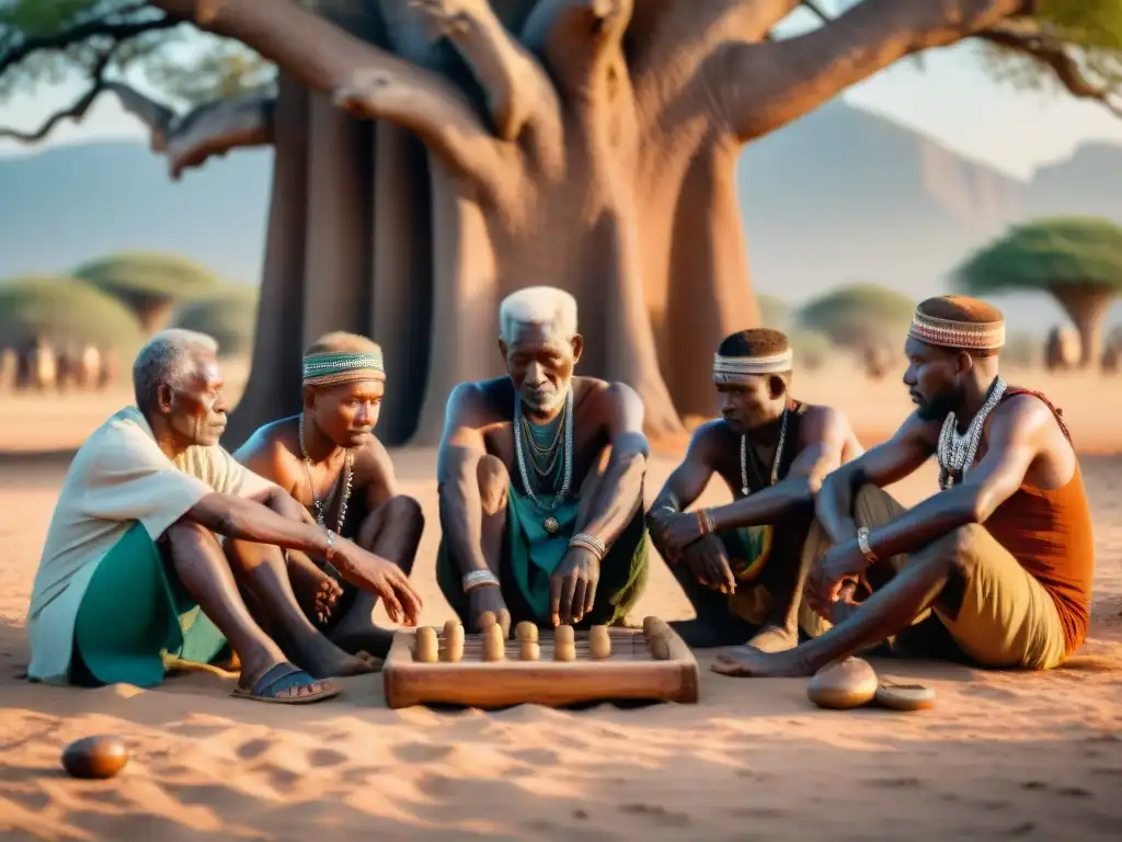 Un grupo de ancianos de tribus africanas juegan Mancala bajo un Baobab al atardecer