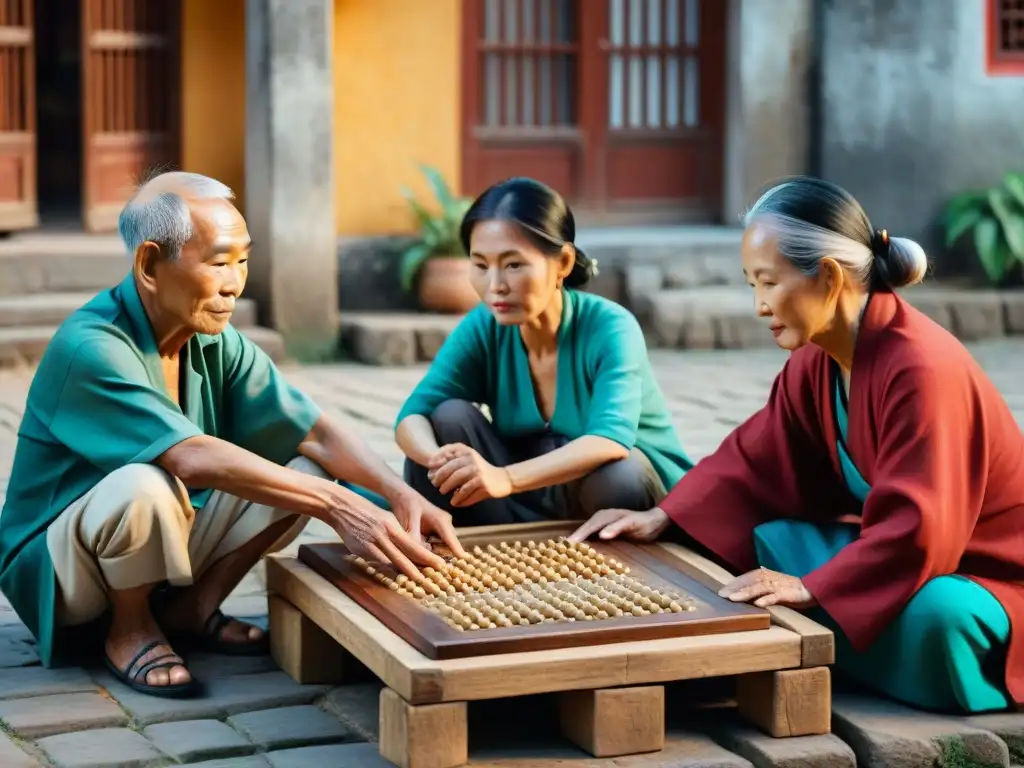 Un grupo de ancianos vietnamitas juega O An Quan en una plaza vibrante, transmitiendo historia y tradición vietnamita