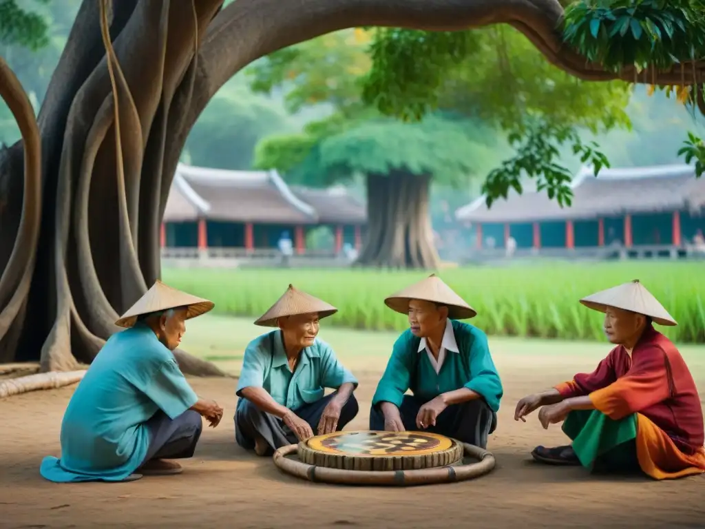 Un grupo de ancianos vietnamitas juega O An Quan bajo un árbol de baniano, con sombreros cónicos y colores vibrantes