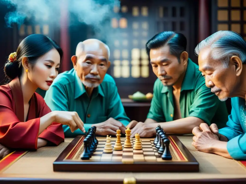 Un grupo de ancianos vietnamitas juega Cờ tướng en una mesa decorada, reflejando la historia de los juegos de mesa en la cultura de Vietnam