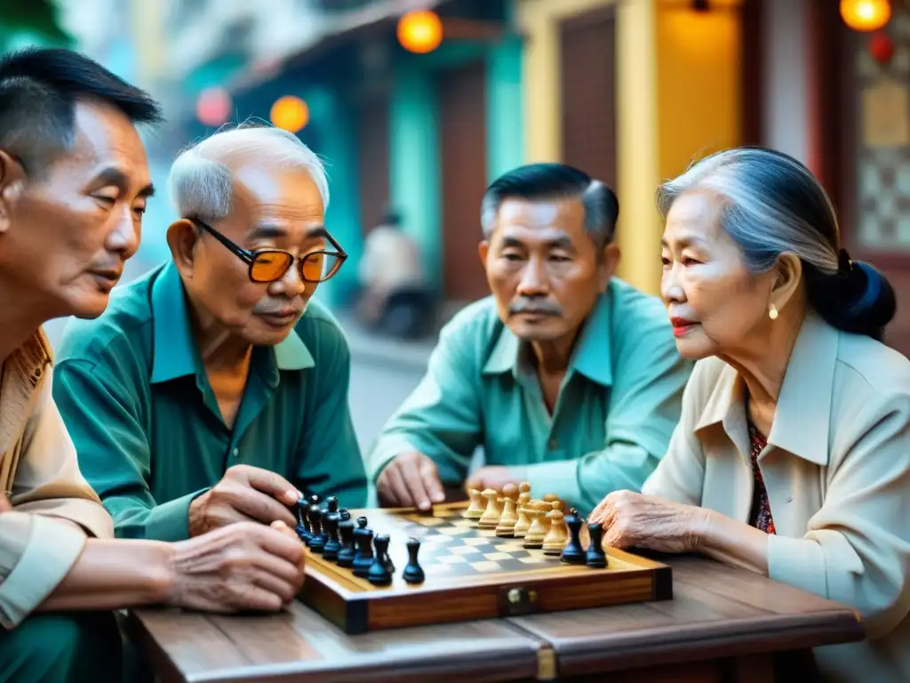 Un grupo de ancianos vietnamitas juega Xiangqi en la calle de Hanoi, rodeados de curiosos