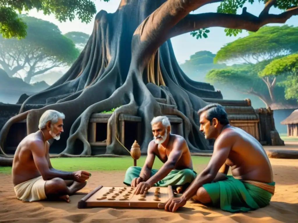 Grupo de ancianos en Sri Lanka jugando Kilithattu bajo un banyan gigante