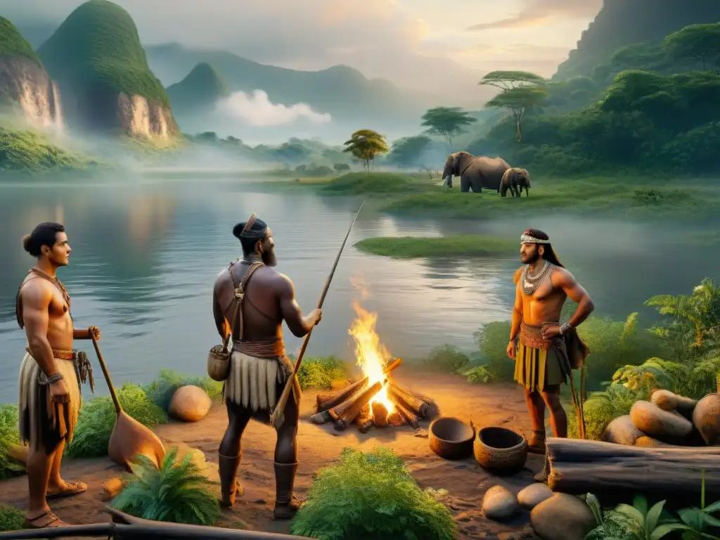 Grupo de antiguos cazadores pescadores construyendo refugios en paisaje prehistórico