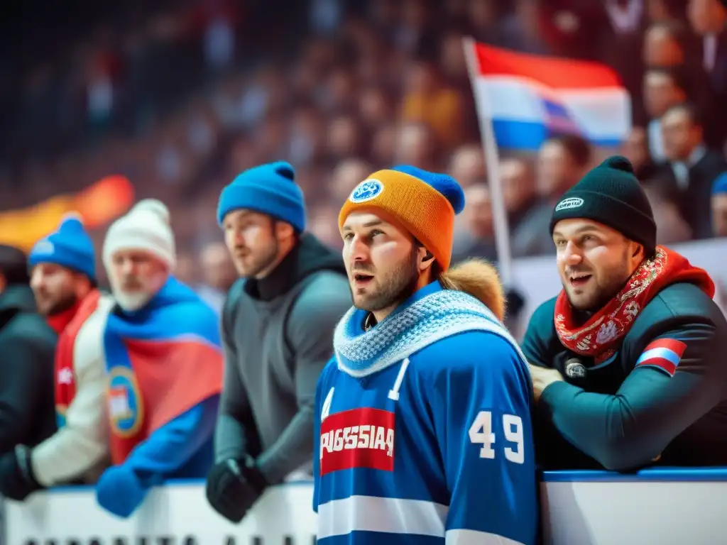 Un grupo apasionado de aficionados rusos al hockey sobre hielo, ondeando banderas y animando en un estadio lleno