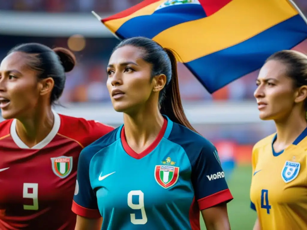 Un grupo apasionado de jugadoras de fútbol de América Latina en uniformes coloridos, listas para un emocionante torneo