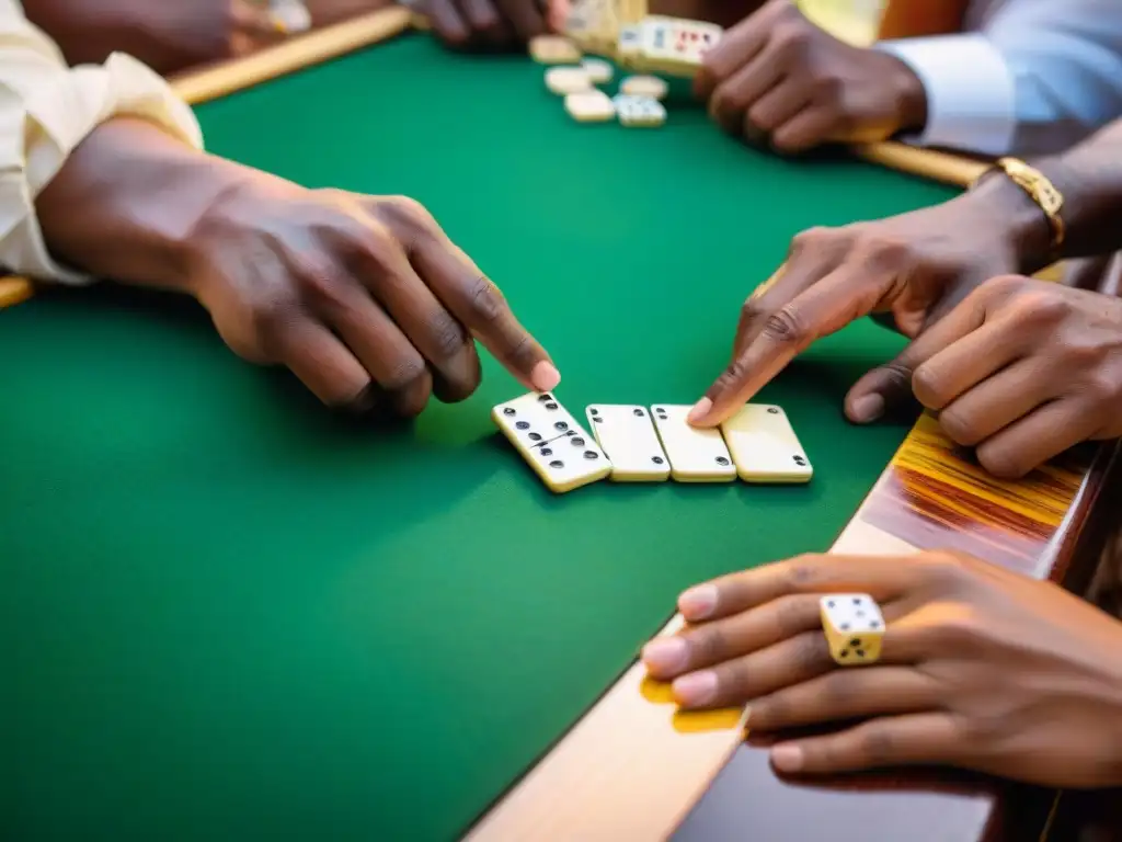 Grupo apasionado de jugadores de dominó en vibrante escenario caribeño