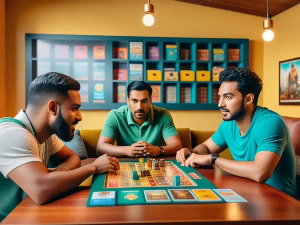 Un grupo apasionado de jugadores de mesa en América Latina disfrutando de juegos de estrategia en una sala llena de diversión y camaradería