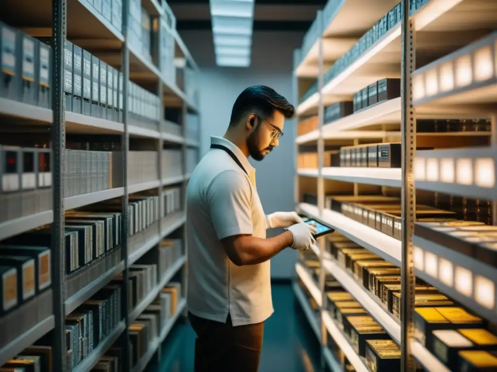 Un grupo de archivistas preservando con cuidado y meticulosidad videojuegos históricos en una sala especializada