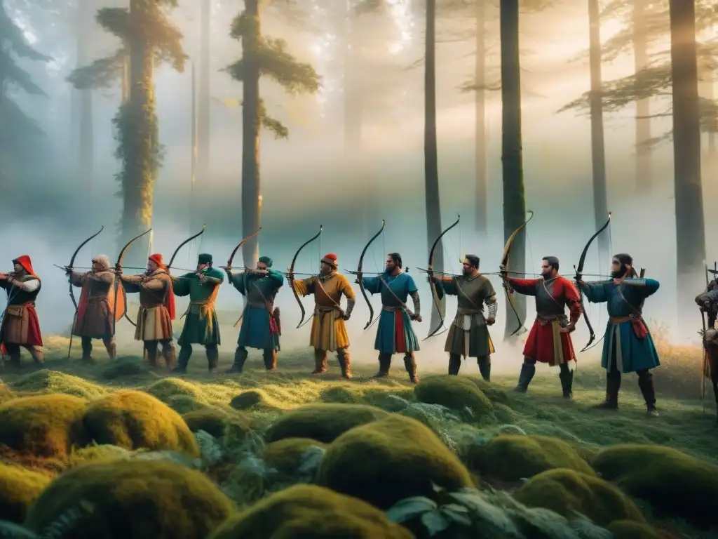 Grupo de arqueros tradicionales en un bosque neblinoso de Europa, tensando los arcos en unión