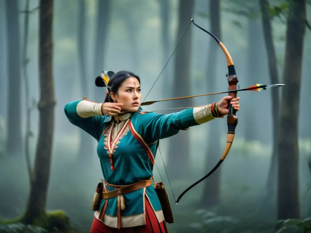 Grupo de arqueros en trajes tradicionales del Este de Europa, practicando tiro con arco en un bosque exuberante