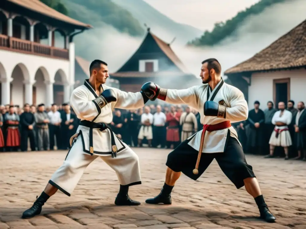 Grupo de artistas marciales del Este de Europa en intensa lucha tradicional en la plaza de un pueblo histórico