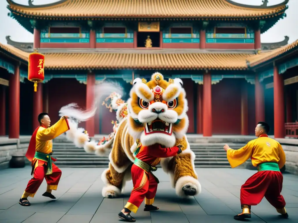 Un grupo de artistas marciales realiza una impresionante danza del león en un templo chino