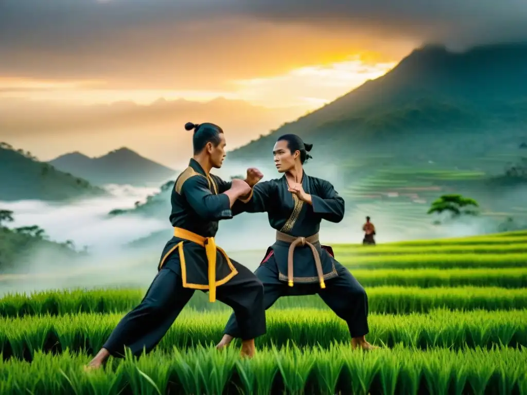 Grupo de artistas marciales practicando Pencak Silat al amanecer en arrozal de Indonesia, con luz dorada