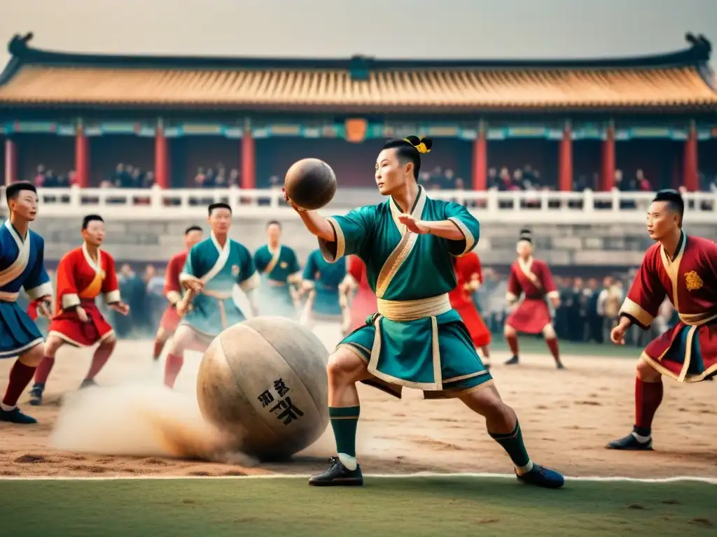 Un grupo de atletas antiguos chinos juega Tsu Chu, con uniformes tradicionales y un balón ancestral, concentrados en el juego