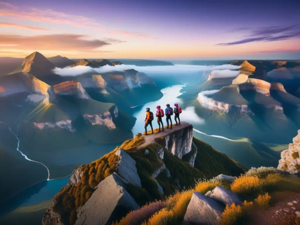 Un grupo de atletas de deportes extremos en el borde de un acantilado, contemplando una impresionante cordillera al atardecer